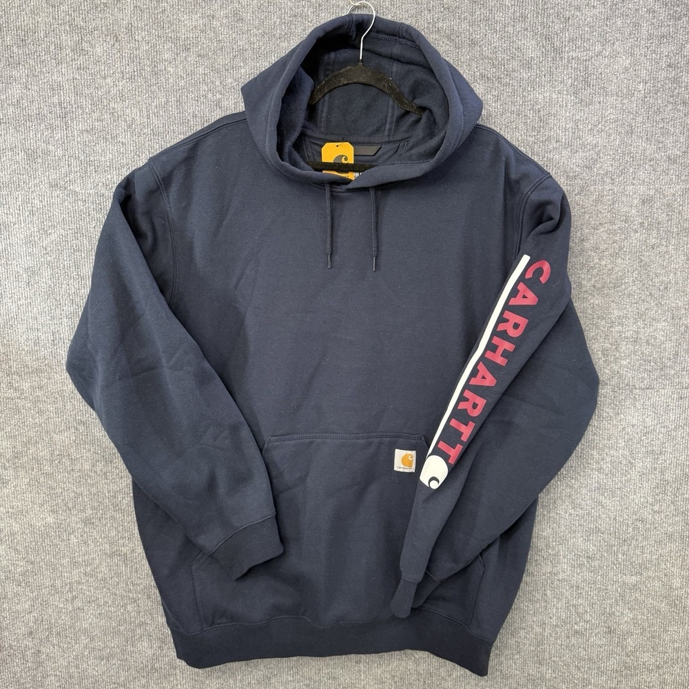 NWT Carhartt Mens XL Loose Fit Midweight Logo Sleeve Hoodie Navy